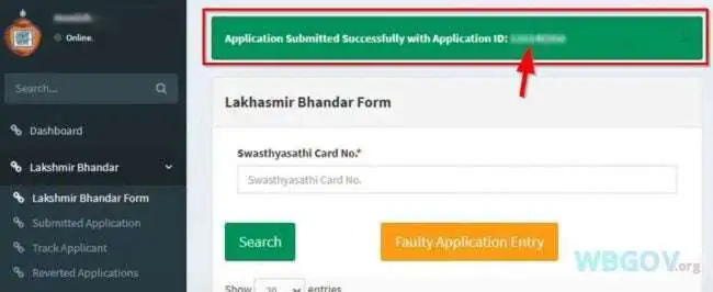 Application ID of Lakshmir Bhandar Scheme Online