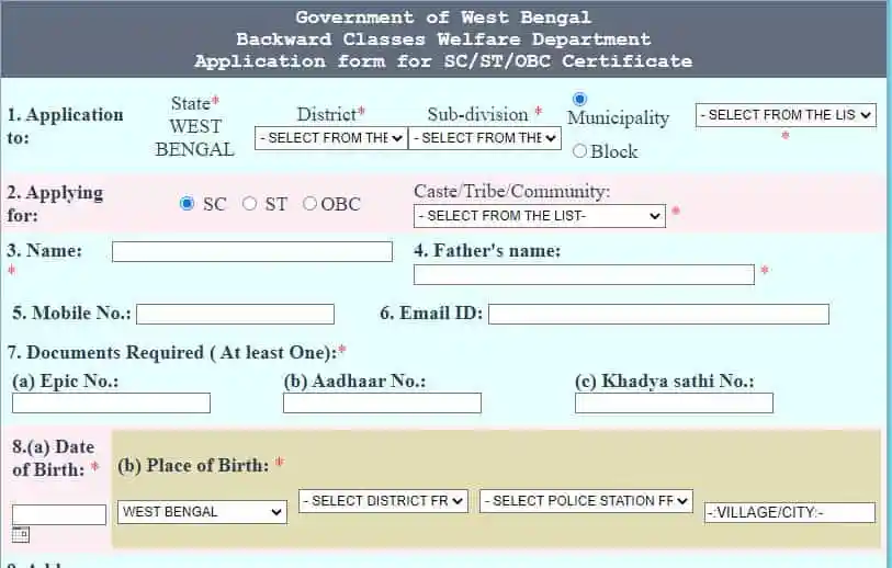 Apply SC/ST/OBC certificates 2025 form online in West Bengal